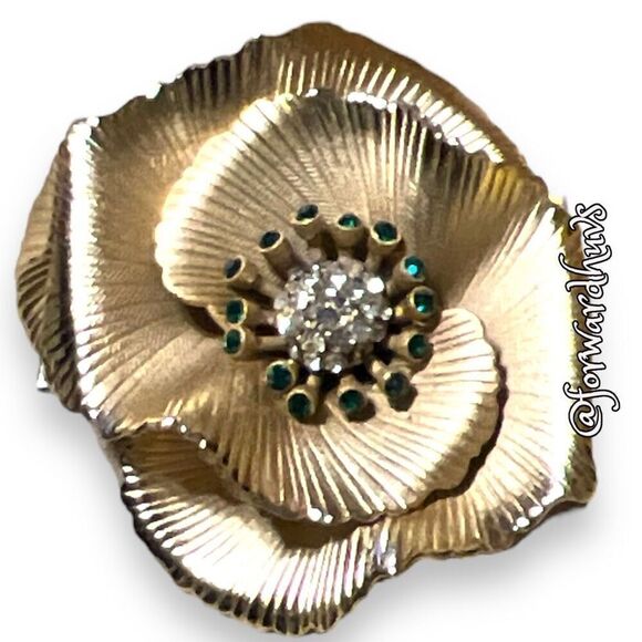 Vintage Gold Tone Metal Floral Brooch with Rhinestone Highlights - Picture 7 of 9